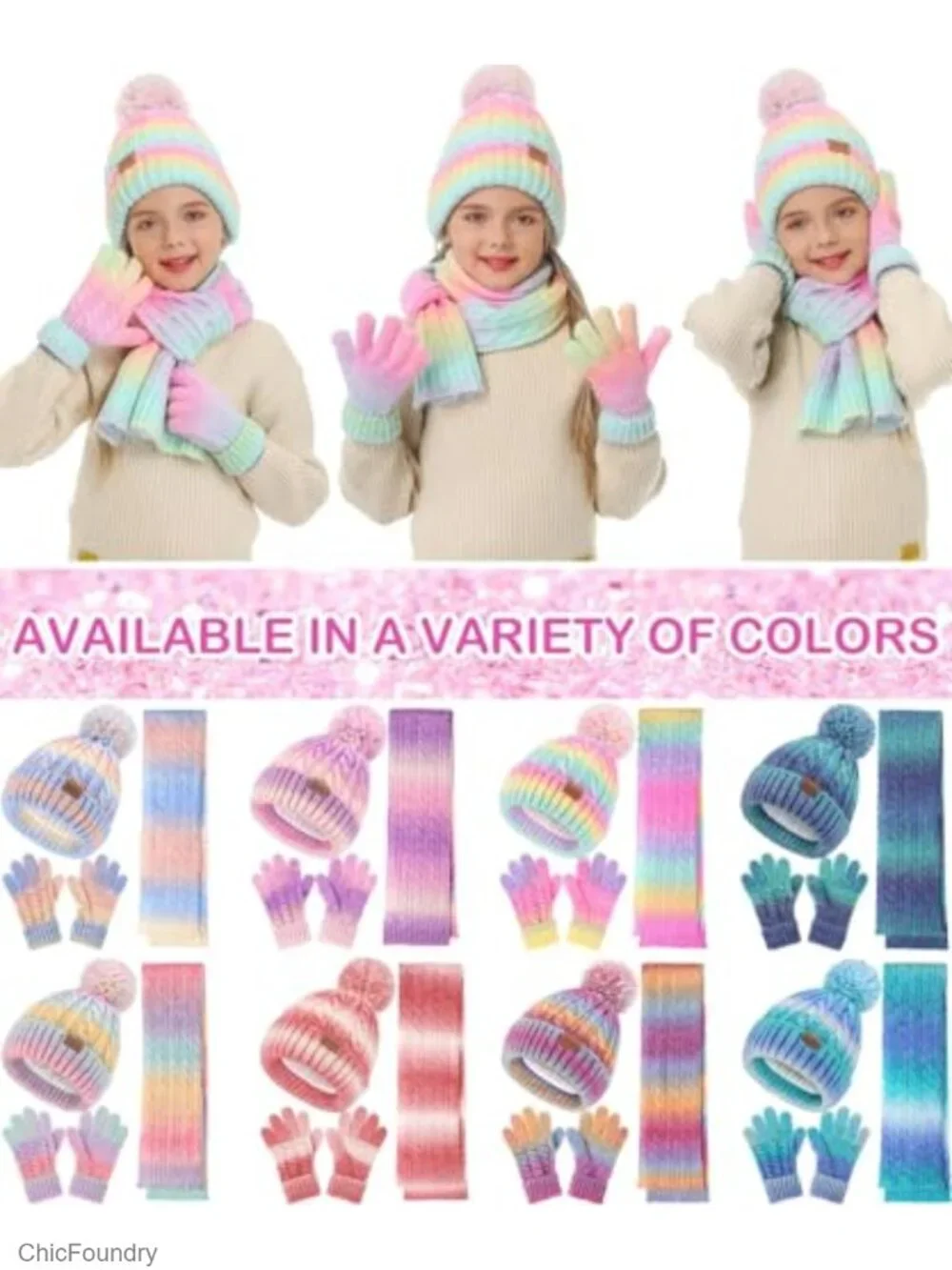 3-Piece Winter Hat Scarf Gloves Set for Kids, 8% Wool Warm Fleece Beanie Knit